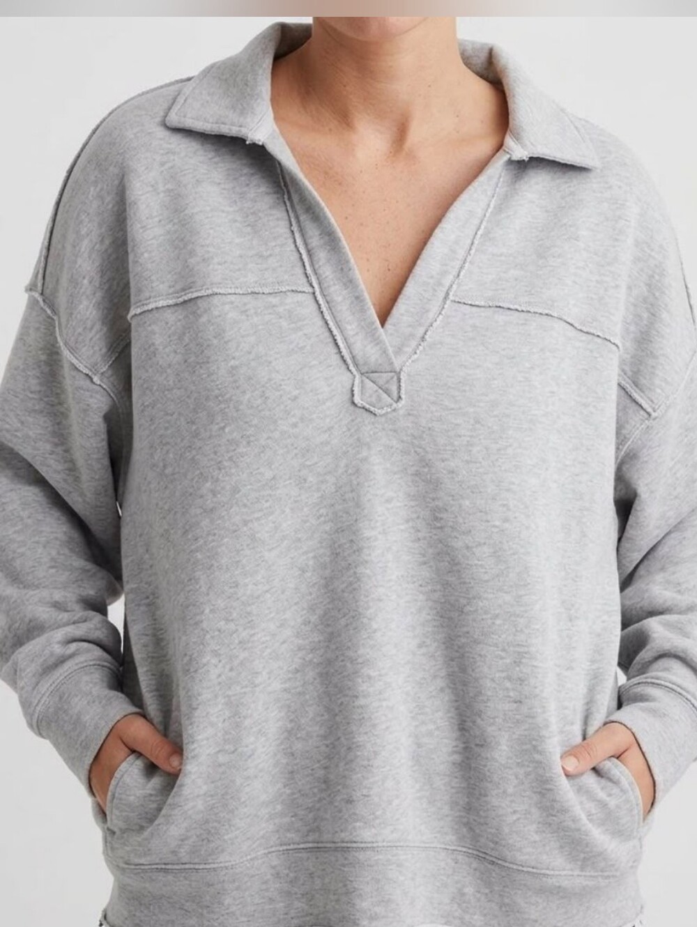 Aerie Grey Polo Sweatshirt Drop Shoulder Exposed Seams Comfy Fleece Size M